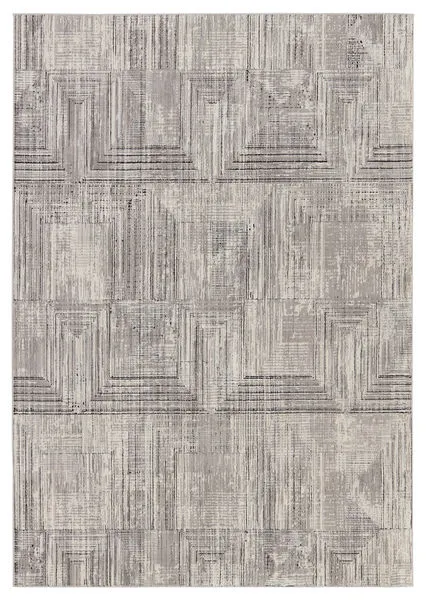 Modern geometric tile pattern rug in gray, cream, and black with high-low pile texture