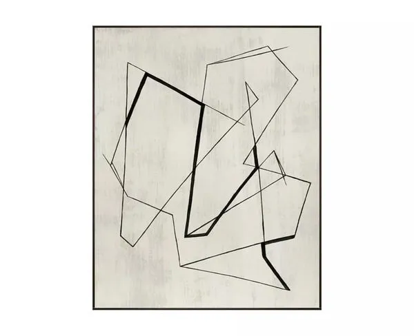 Abstract painting with black geometric lines on a textured white background in a thin black frame