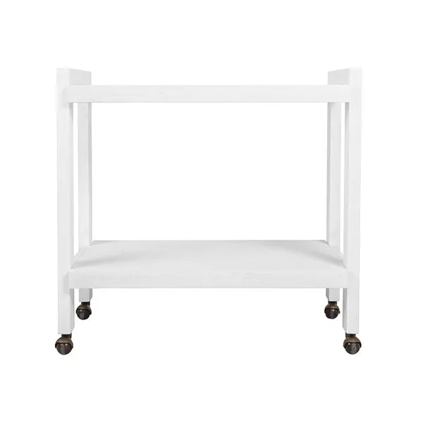 Minimalist bar cart in white washed oak with two shelves and caster wheels