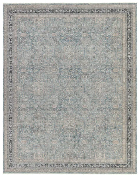 Brinson Traditional Oriental rug in blue and taupe with intricate ornate traditional pattern, 7'10" x 9'10" size.
