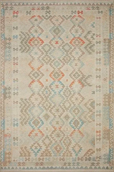Malik Natural Multi Rug with warm beige background and bold geometric patterns in blue, red, and brown