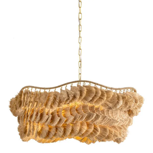 Daria chandelier with layered, wave-like natural raffia strands and exposed undulating metal frame in gold finish