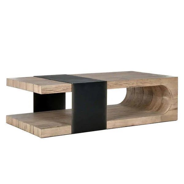 Danica Coffee Table with weathered oak wood slabs and wide black iron band centerpiece, modern rectangular design