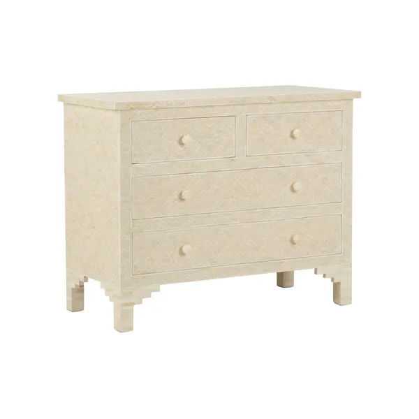 Four drawer Milford Chest with natural and white bone fish scale pattern and stepped legs