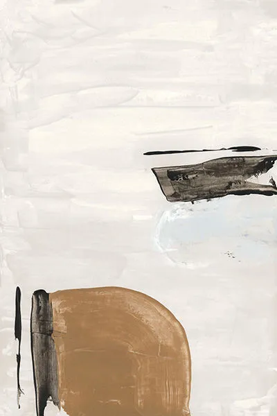Abstract painting with large brown and black shapes, subtle blue brushstrokes on a textured light beige background