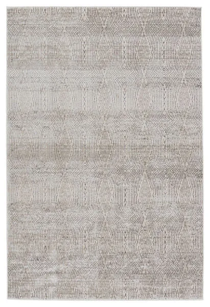 Cream and gray rug with a labyrinthine trellis pattern featuring neutral taupe and silver tones