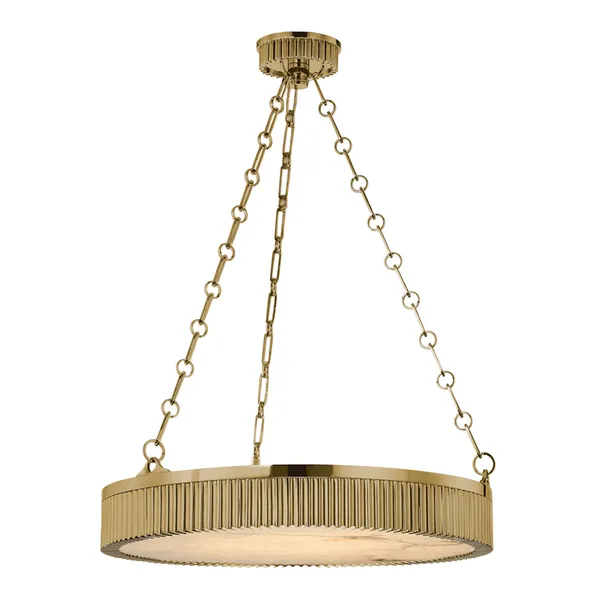 Lynden 5 Light Pendant in polished brass with a ribbed circular frame suspended by three decorative chain links