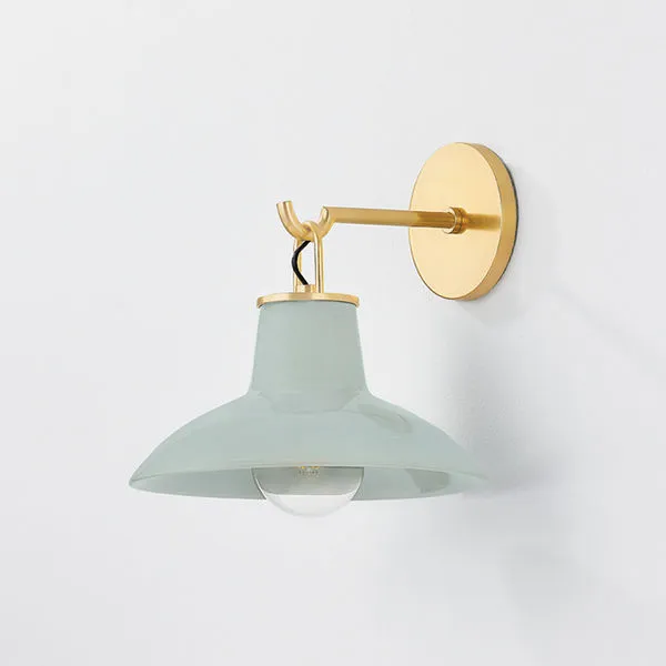 Pottersville Wall Sconce with matte gold arm and pale blue ceramic shade with a wide flared shape