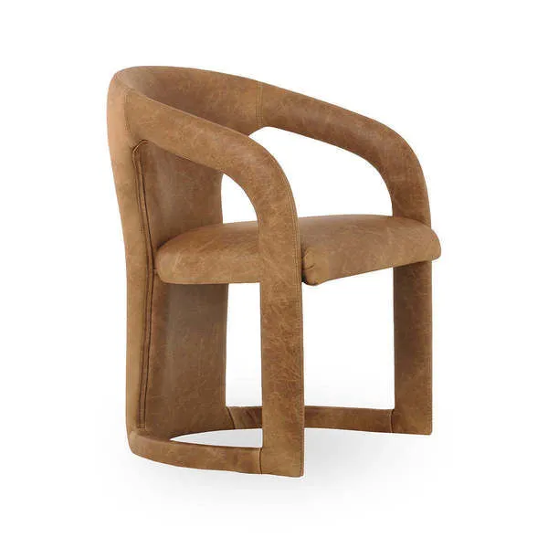 Archie Dining Chair in brown leather upholstery with curved armrests and solid wood frame