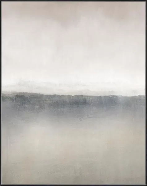 abstract landscape painting with soft gradients from light beige to dark gray resembling misty horizon
