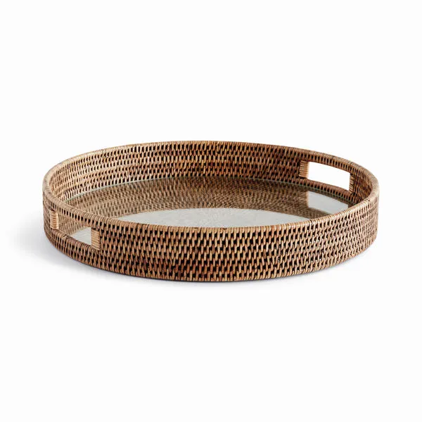 Round Burma rattan serving tray with warm brown woven frame and sturdy clear glass insert