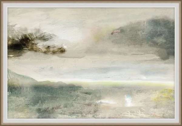 landscape painting with swirling gray clouds over a misty horizon in muted gray, green, and beige tones