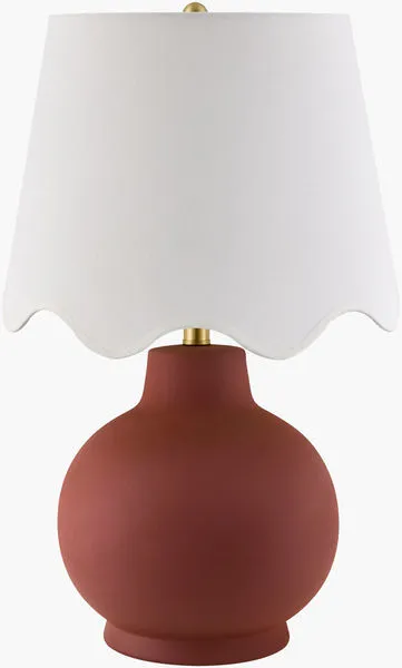 Stella Dimiuta dark red ceramic accent table lamp with round body and white scalloped fabric shade