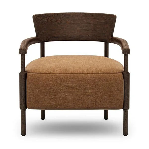 Bennett Chair with amber brown oak frame, gently turned dowel legs, ochre linen blend thick cushion seating