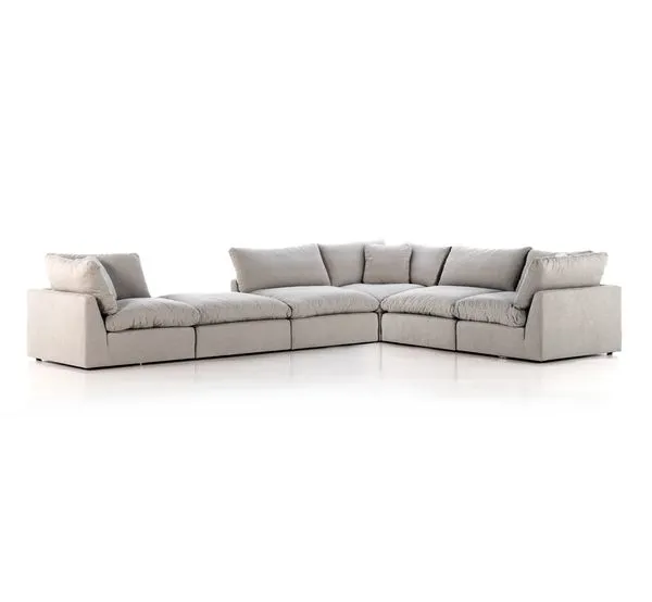 Stevie 5 Piece Sectional Sofa in light beige with soft feather-blend cushions and attached ottoman in an L shape