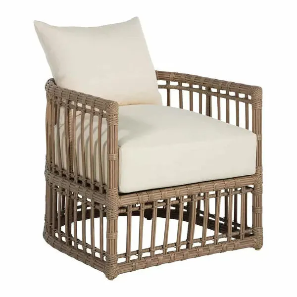 Newport Burlap Woven Barrel Chair with light brown synthetic rattan frame and off-white cushions