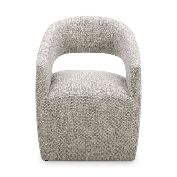 Barrow Rolling Dining Chair with curved open back, boucle upholstery, and square cushioned base in light neutral color