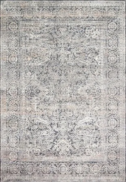 Lucia Steel Ivory Rug with vintage-style intricate floral and geometric patterns in muted gray, beige, and ivory tones