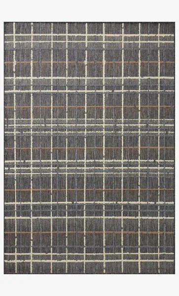 Rainier Charcoal Multi indoor/outdoor plaid rug with woven polypropylene pile in neutral grey, cream, and brown hues