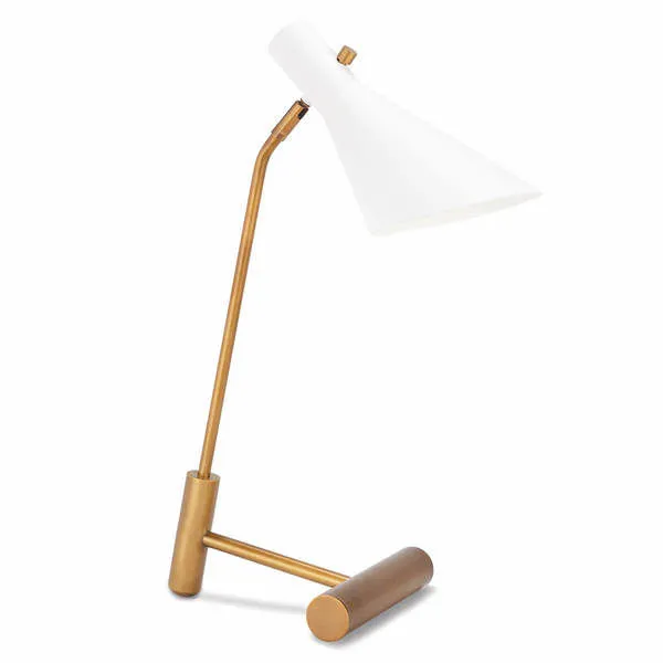 Spyder Task Lamp with white metal shade and brass-toned metal kickstand base in modern table lamp design