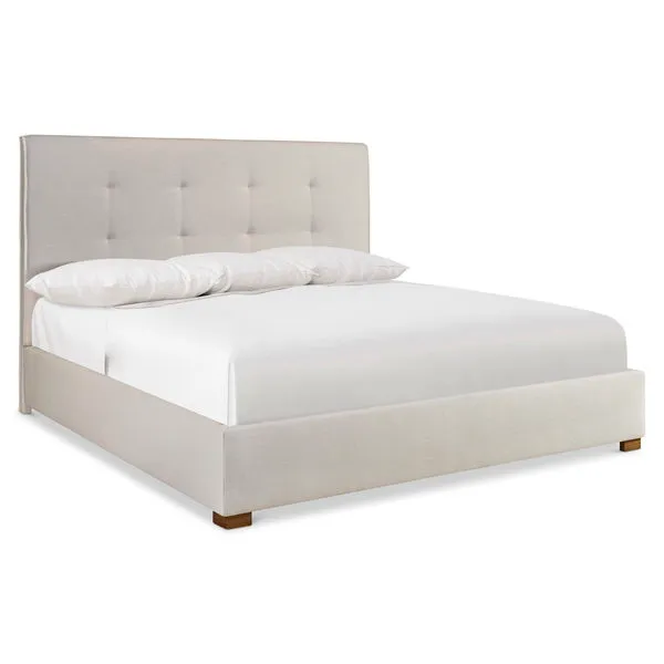 Upholstered Mason panel bed with buttonless tufted headboard, flange edges, and espresso-finished wood feet