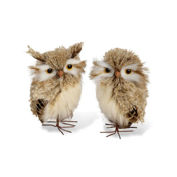 Set of two 5-inch feathered horned owl sculptures with realistic brown and cream plumage and wire feet