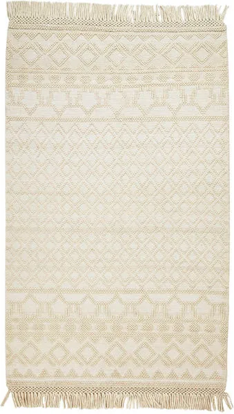 Ivory geometric rug with diamond and linear textured patterns and fringed edges, 5 by 7 feet size.