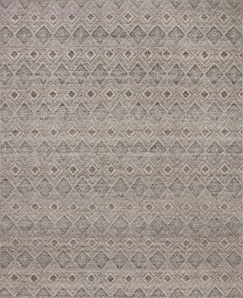 Taupe and grey geometric rug with layered diamond patterns and thick woven texture