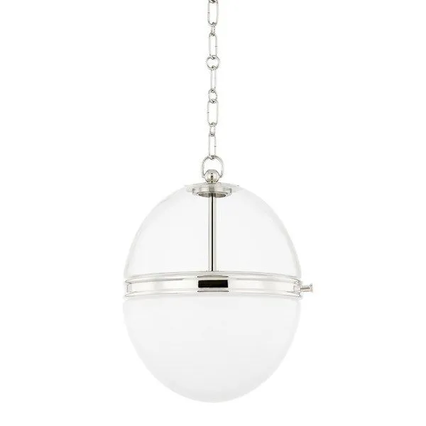 Donnell 1-Light Small Polished Nickel Pendant with clear glass dome atop opal glossy glass, separated by polished nickel band