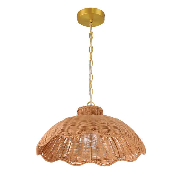Scalloped Serenity Rattan Pendant with handwoven scalloped rattan shade and gold hardware, suspended by chain
