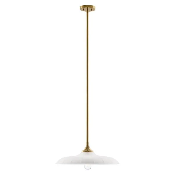 Hadley 1-light pendant with ribbed opal glass shade and warm brass finish, suspended by adjustable rod