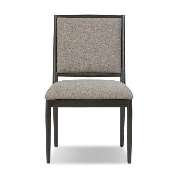Glenview Dining Chair with weathered oak tapered spindle frame and light linen-like upholstered seat and back