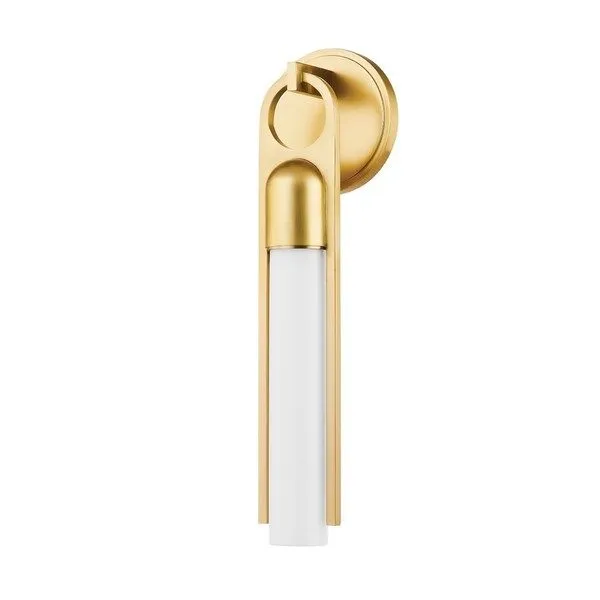 Bethlehem 1-Light wall sconce with slender opal glass shade wrapped in aged brass frame and round backplate