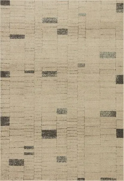 Taupe woven modern rug with subtle grid and rectangular patterns in dark accents