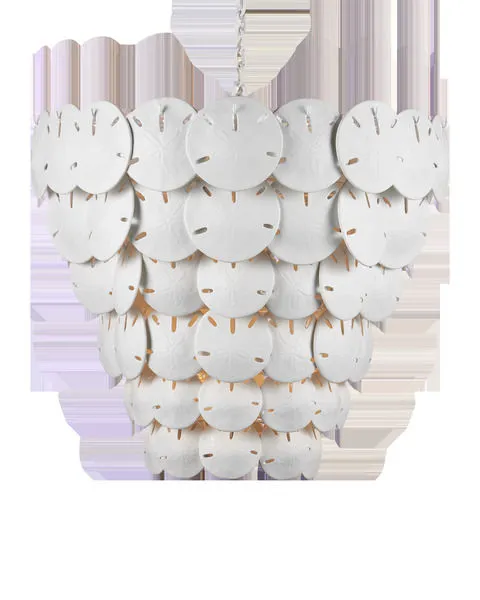 Tulum Extra Large Chandelier with layered white semi-translucent sand dollar discs made of bone china