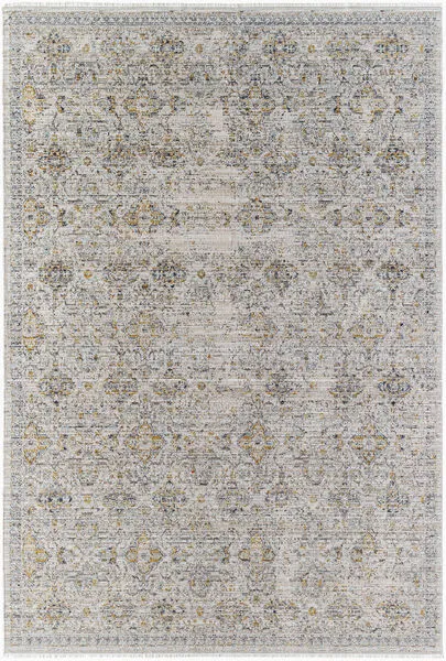 Traditional Ren Black/Blue Machine Woven Rug with a subtle geometric and floral pattern in muted blue and gold tones, feat...