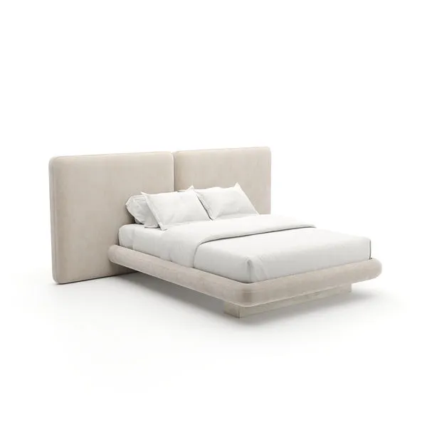 Overlap Upholstered 2 Panel Queen Bed in ivory vintage velvet with squared headboard and curved rounded base on travertine...