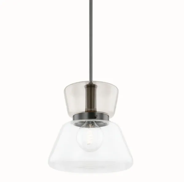 Elodie pendant viewed from slightly lower angle emphasizing light bronze upper glass shade and clear conical lower shade