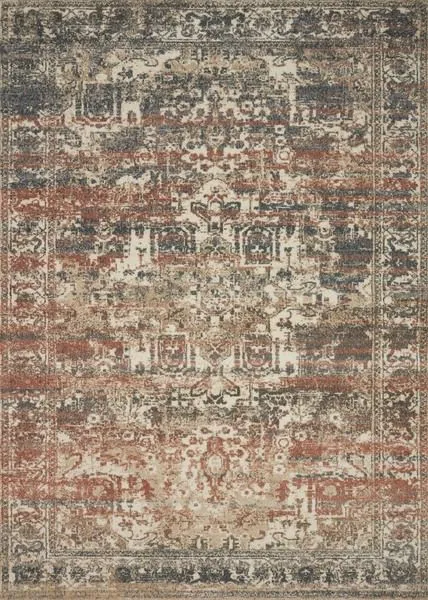 Full top-down view of Jasmine Natural / Multi Rug displaying overall distressed multicolor pattern and intricate border