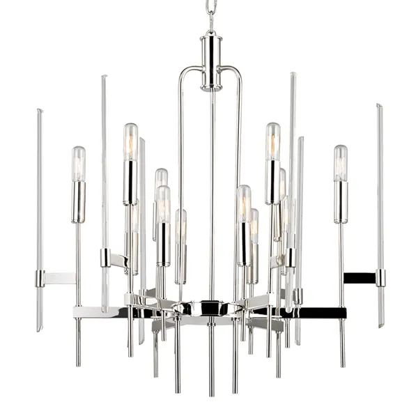 Bari 12 Light Chandelier with multi-tiered polished glass rods and perpendicular polished metal arms in a mid-century Ital...