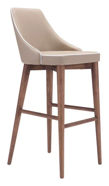 Moor Bar Chair with beige cushioned seat and back, dark wooden tapered legs and white piping detail