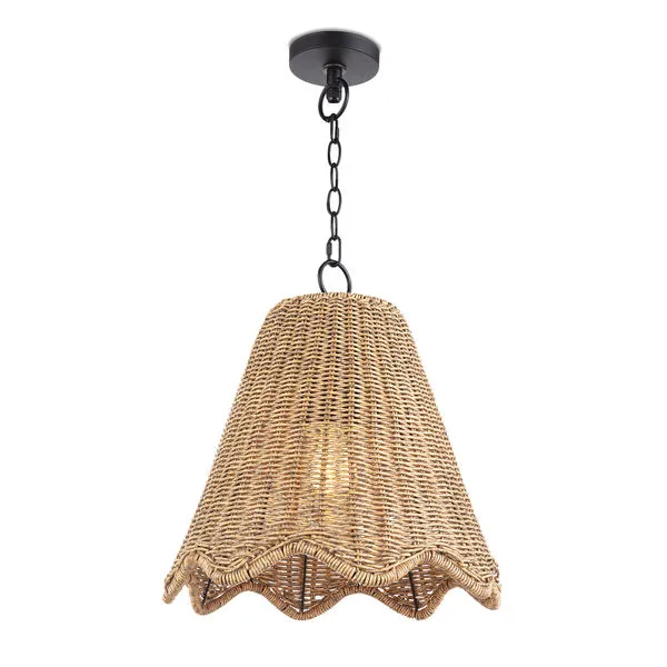 Small summer outdoor pendant light with woven rattan shade in wavelike scalloped edge pattern