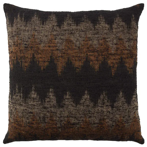 Square handmade throw pillow with black, orange, and gray chevron pattern in a textured woven cotton