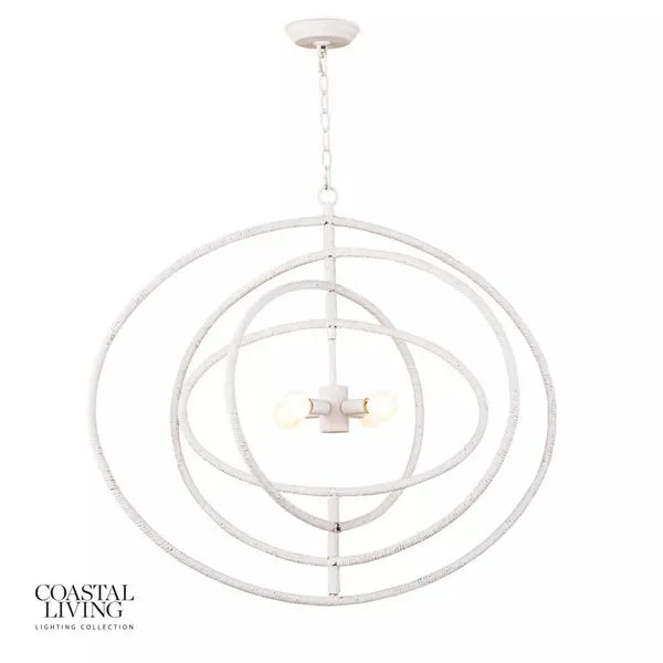 White Sail Chandelier with concentric circular metal rings and four central exposed bulbs, hanging from chain