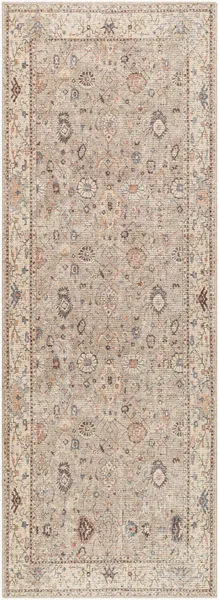 Davina off-white machine woven rug with traditional floral and geometric pattern in muted earthy tones