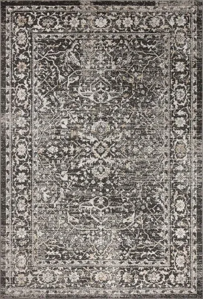 Rectangular Odette Charcoal Silver Traditional Rug with vintage Turkish Oushak inspired floral and geometric patterns