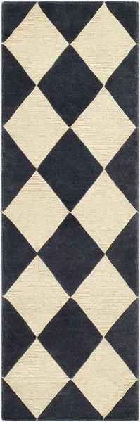 long runner rug with charcoal and beige large diamond geometric pattern, medium pile wool texture