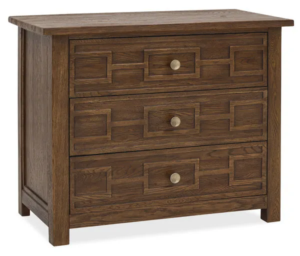 Bachelor's chest with Worn Saddle finish, three geometric patterned drawers with round brass knobs