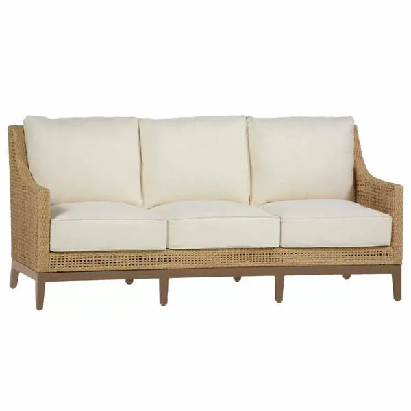 Three-seat Peninsula Woven Sofa with cream cushions and light brown woven frame on angled legs
