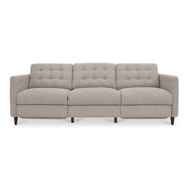 Bridgers power recliner sofa in beige bouclé fabric with tufted back and slim wooden legs